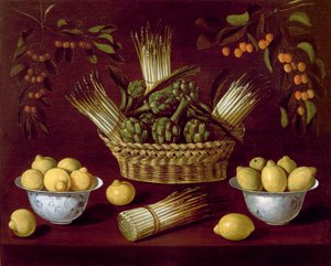 Nature morte avec asperges, artichauts, citrons et cerises